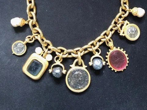 Linda Levinson Vintage Roman Coin Stone and Resin Link Chain Necklace