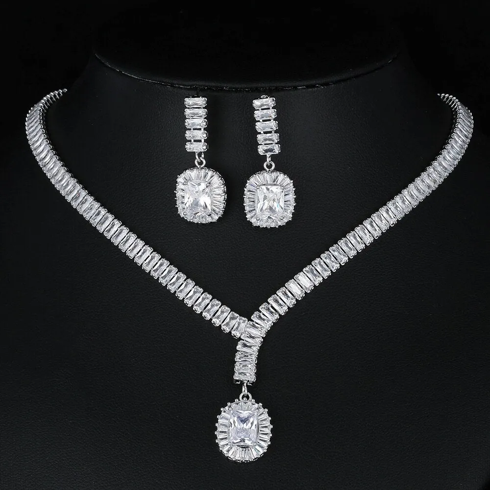 Luxury Silver Color Water Drop Cubic Zirconia Wedding Jewelry Sets