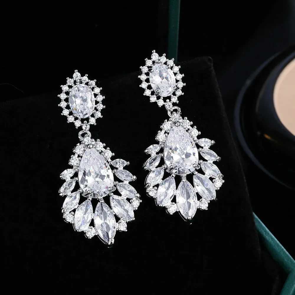 Luxury Silver Color Water Drop Cubic Zirconia Wedding Jewelry Sets