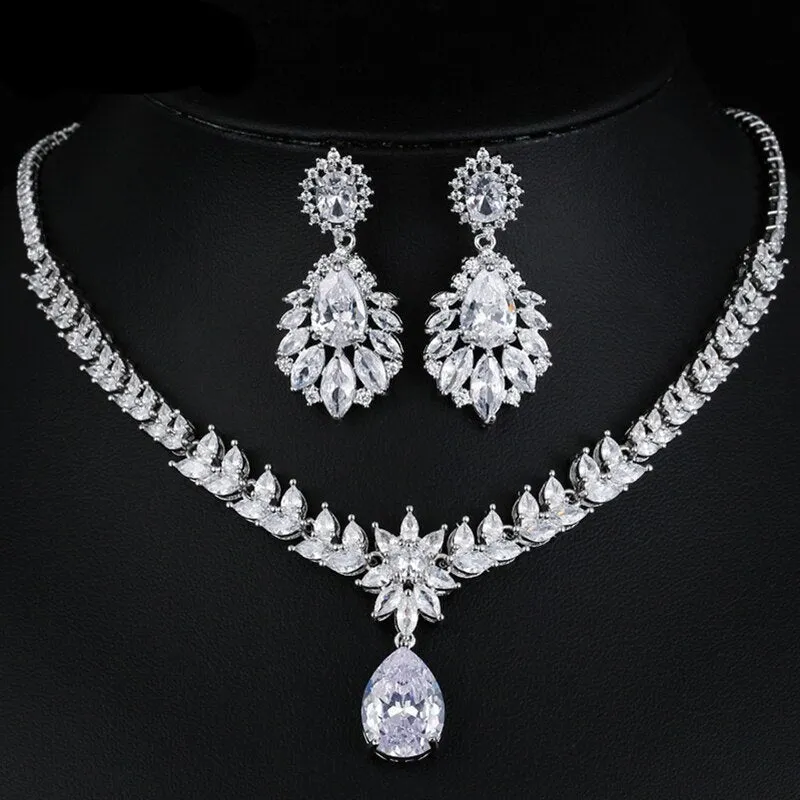 Luxury Silver Color Water Drop Cubic Zirconia Wedding Jewelry Sets