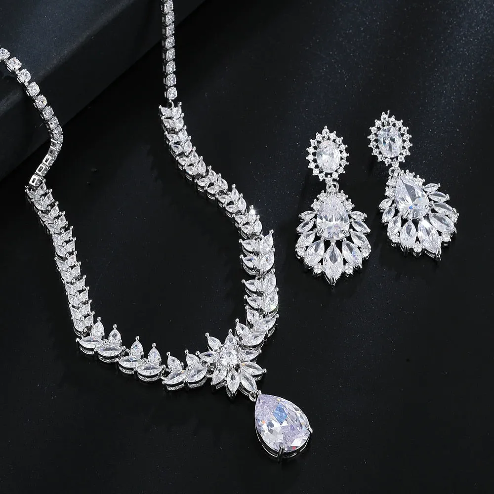 Luxury Silver Color Water Drop Cubic Zirconia Wedding Jewelry Sets