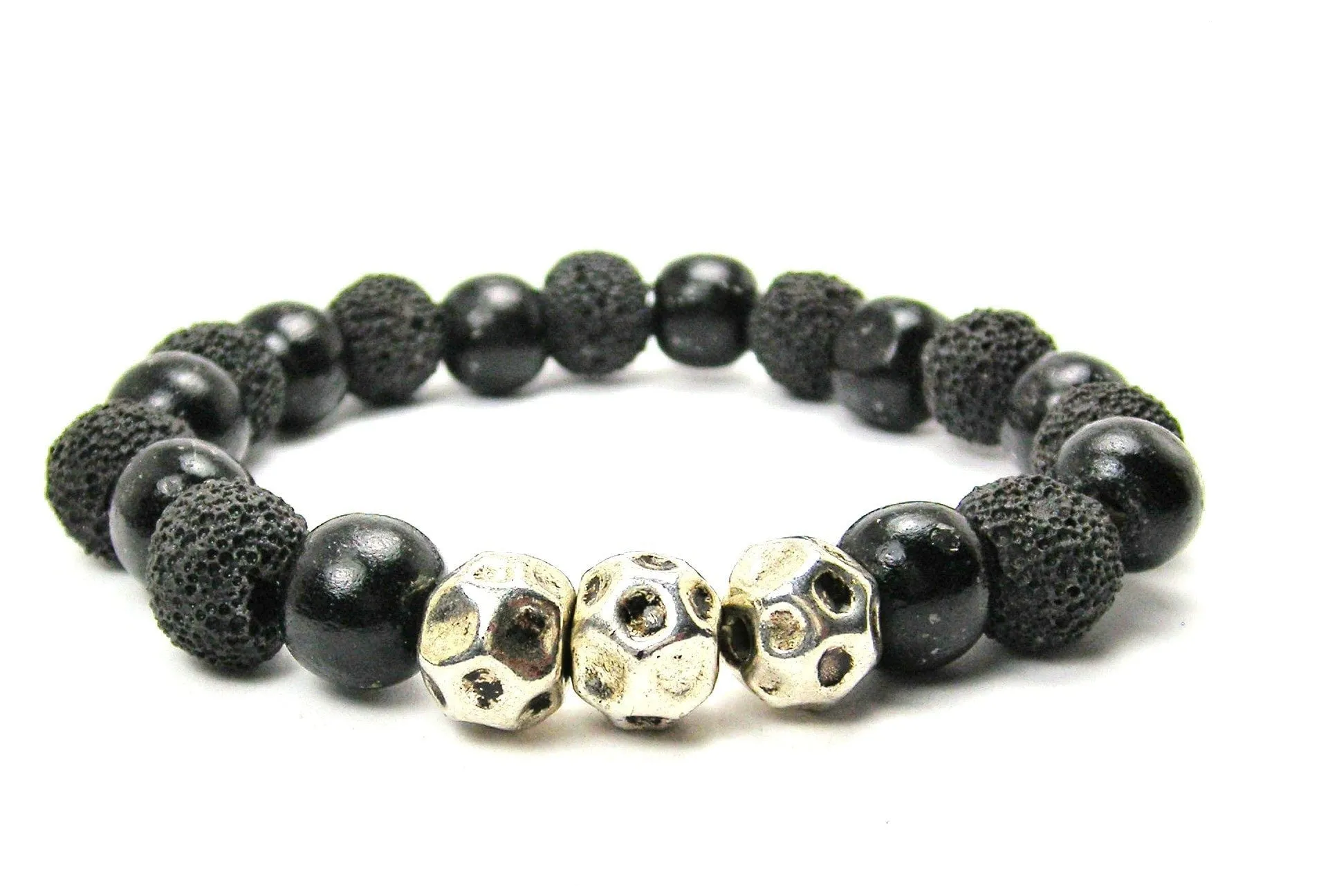 Men's Black Lava Beaded Bracelet with Pewter Accents