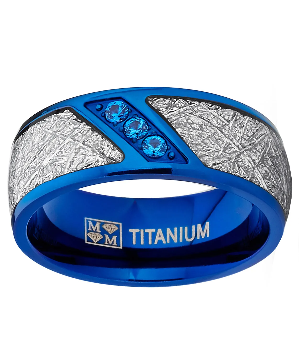 Men's Blue Titanium Wedding Band Imitation Meteorite Ring Blue Cubic Zirconia 8mm