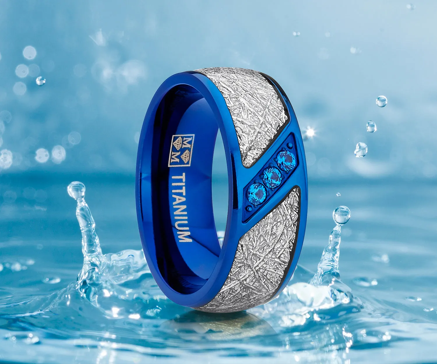 Men's Blue Titanium Wedding Band Imitation Meteorite Ring Blue Cubic Zirconia 8mm