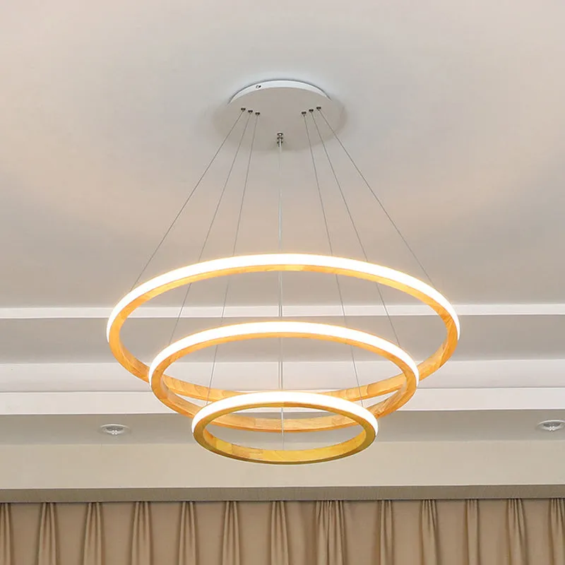 Minimalist LED Wood Rings Chandelier in Beige, 21"/25" Width