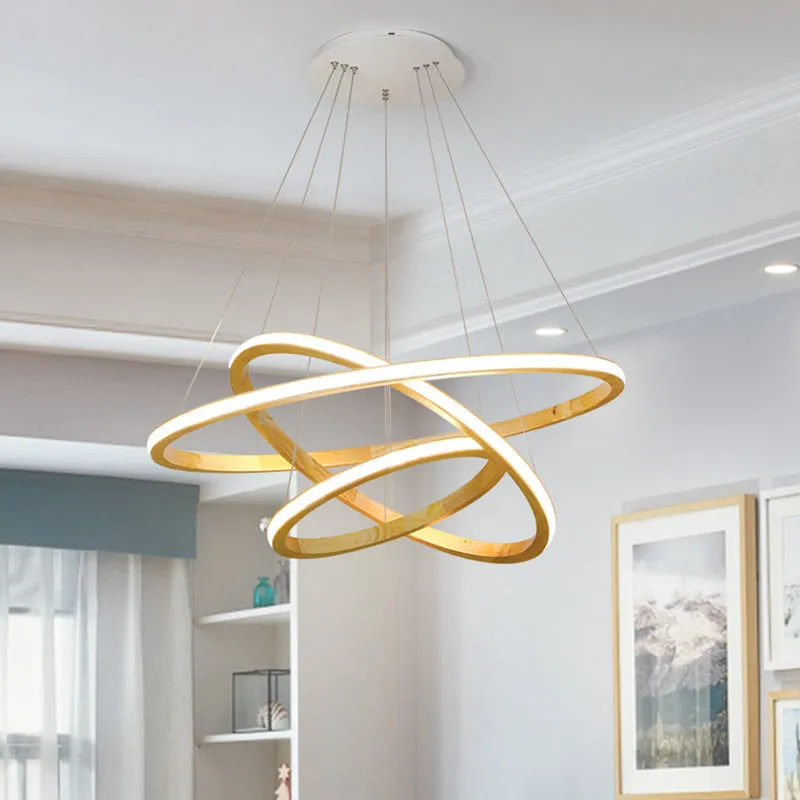 Minimalist LED Wood Rings Chandelier in Beige, 21"/25" Width