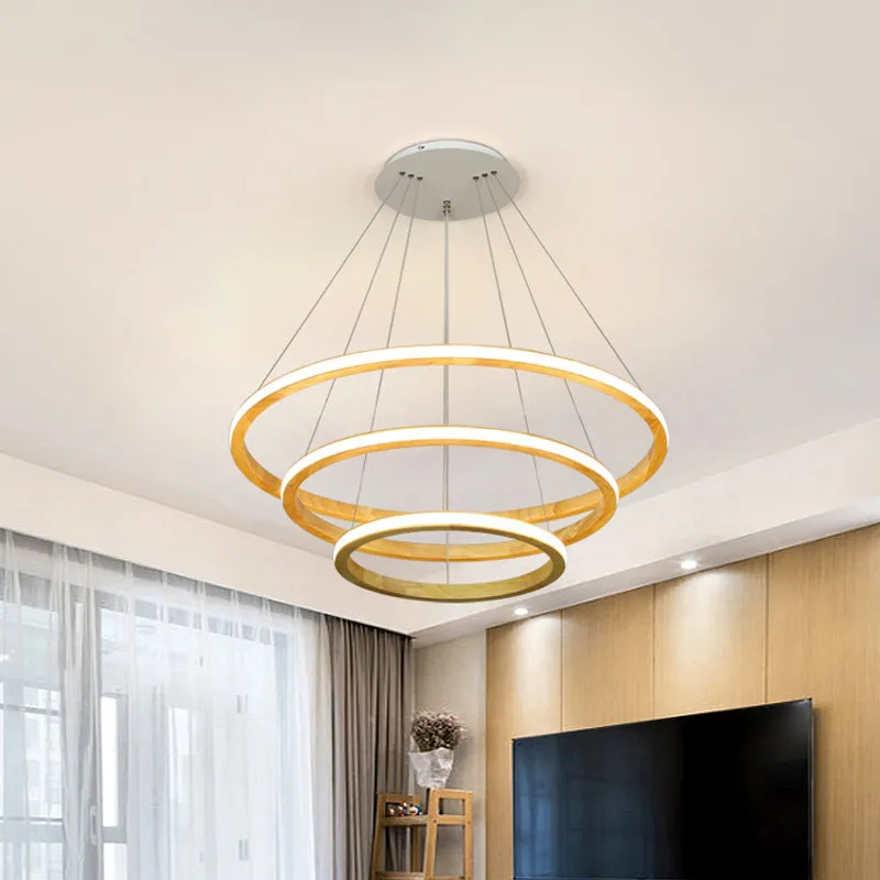 Minimalist LED Wood Rings Chandelier in Beige, 21"/25" Width