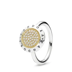 PANDORA logo silver ring with 14k and clear cubic zirconia