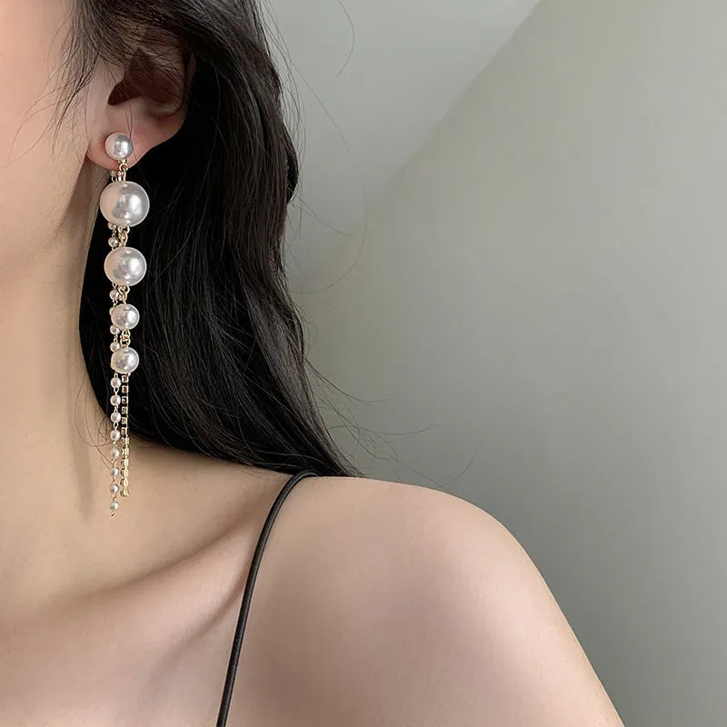 Pearl tassel long earrings personality simple temperament internet celebrity earrings earrings for women