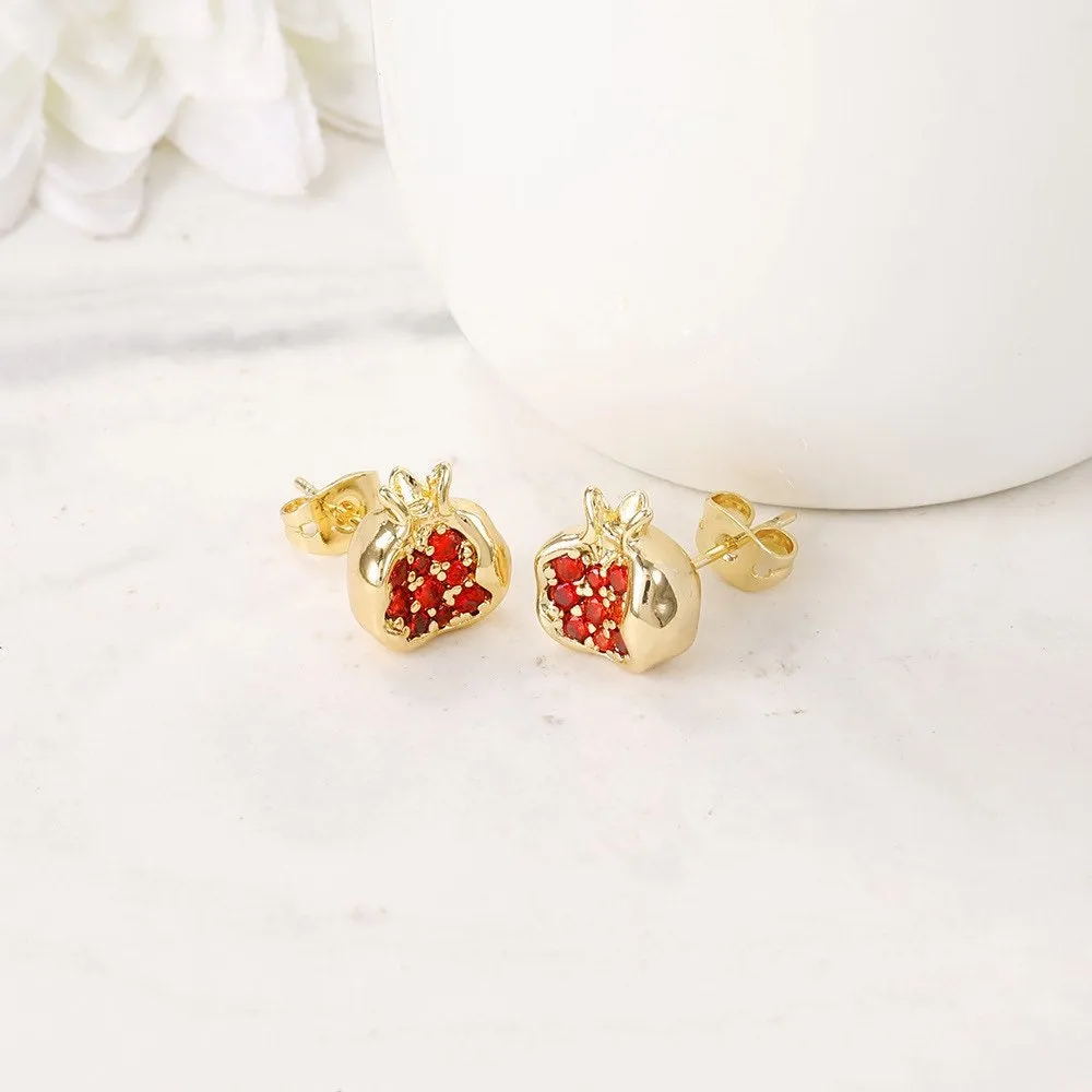 Pomegranate Earrings with Real Gold Plating and Red Gemstones