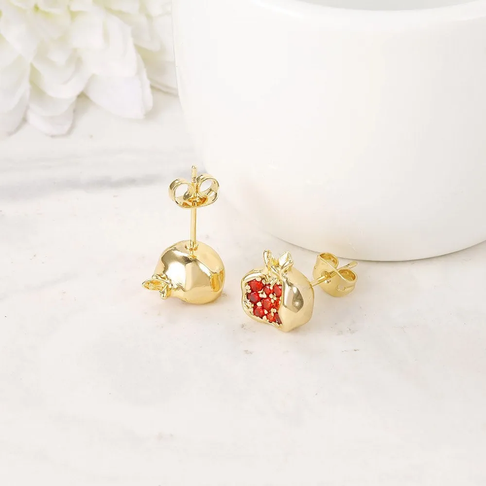 Pomegranate Earrings with Real Gold Plating and Red Gemstones