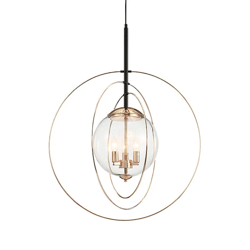 Rose Gold Circle Rings Pendant Glass Chandelier - Postmodern, Transparent, 3-Bulb Design