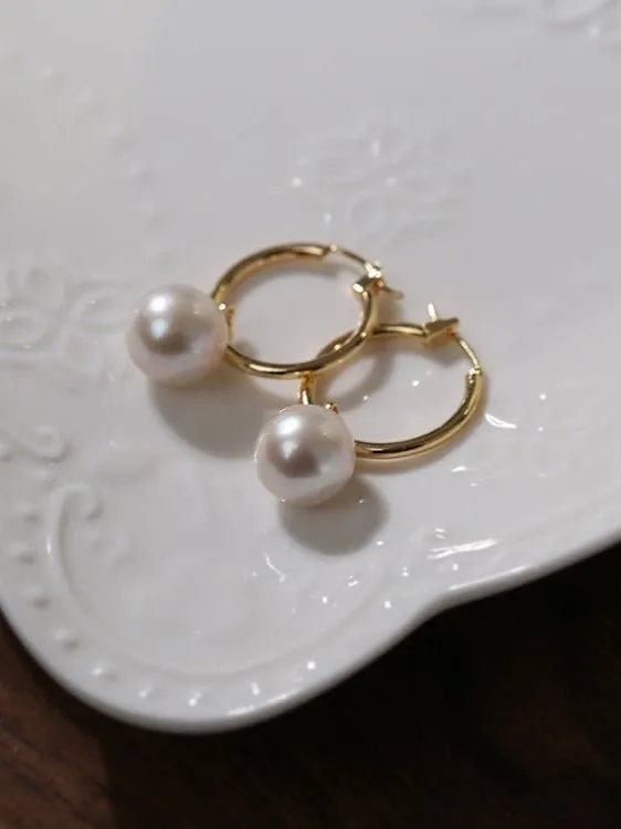 Round Baroque Pearl Drop Hoop Earrings