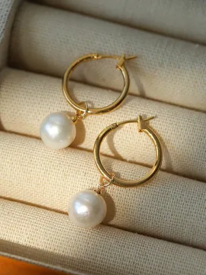 Round Baroque Pearl Drop Hoop Earrings