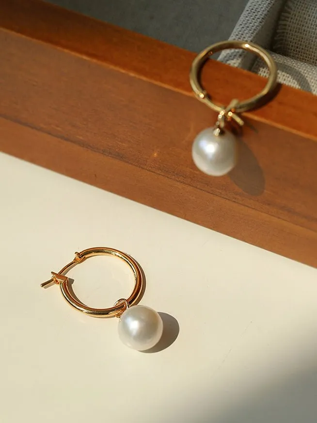 Round Baroque Pearl Drop Hoop Earrings