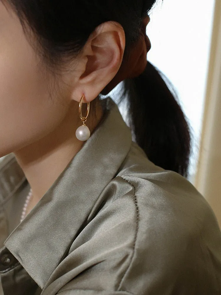 Round Baroque Pearl Drop Hoop Earrings