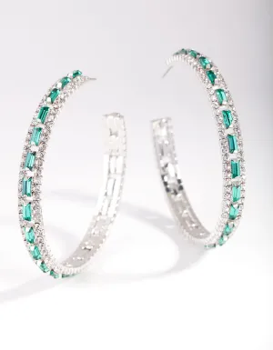 Silver Green Baguette Stone Centre Hoop Earrings