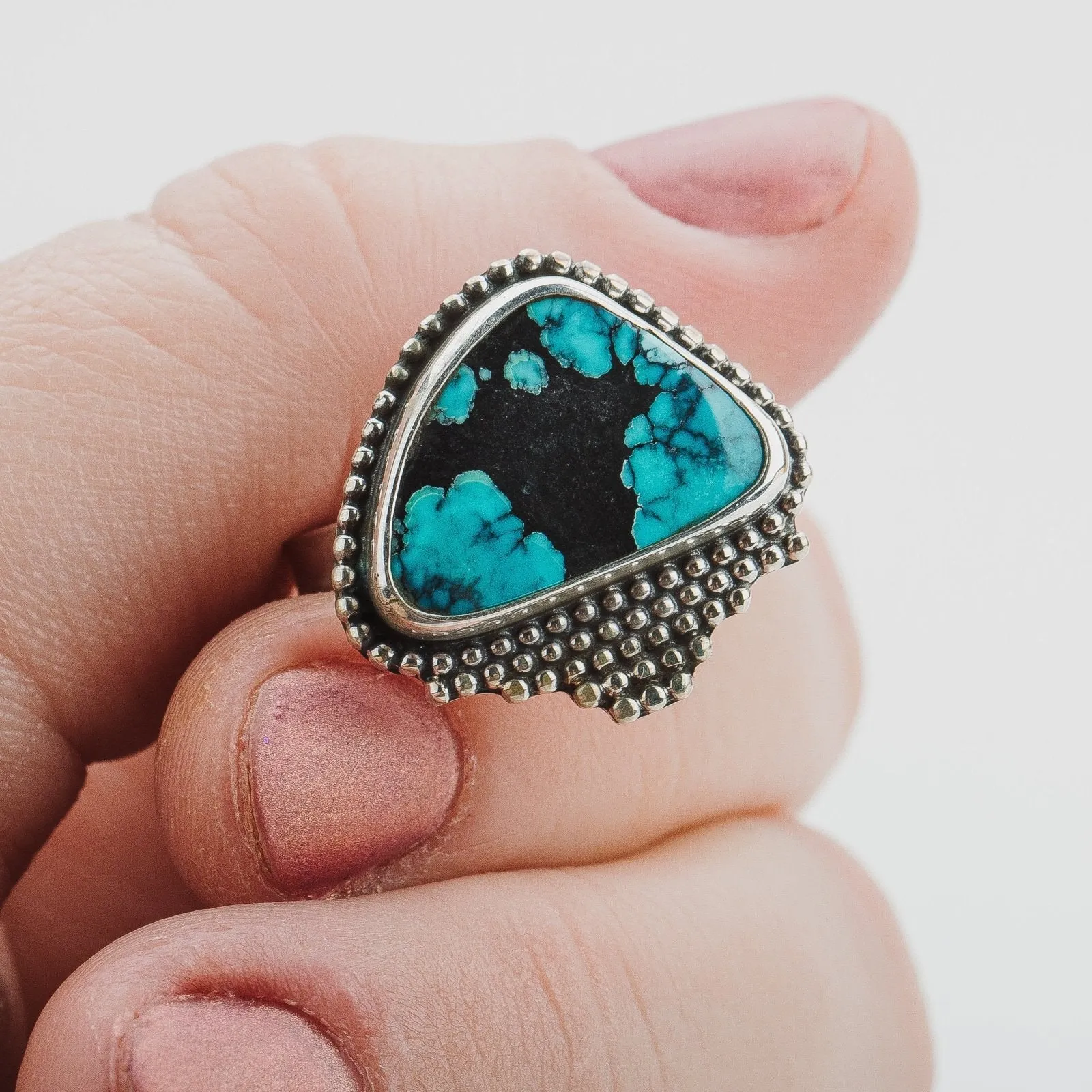 Size 7.25 Black & Blue Cloud Mountain Turquoise Gemstone Ring