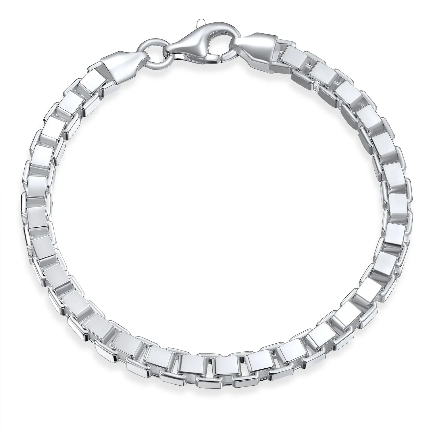 Solid  Sterling Silver Venetian Box Chain Link Bracelet Italy 7-8 Inches