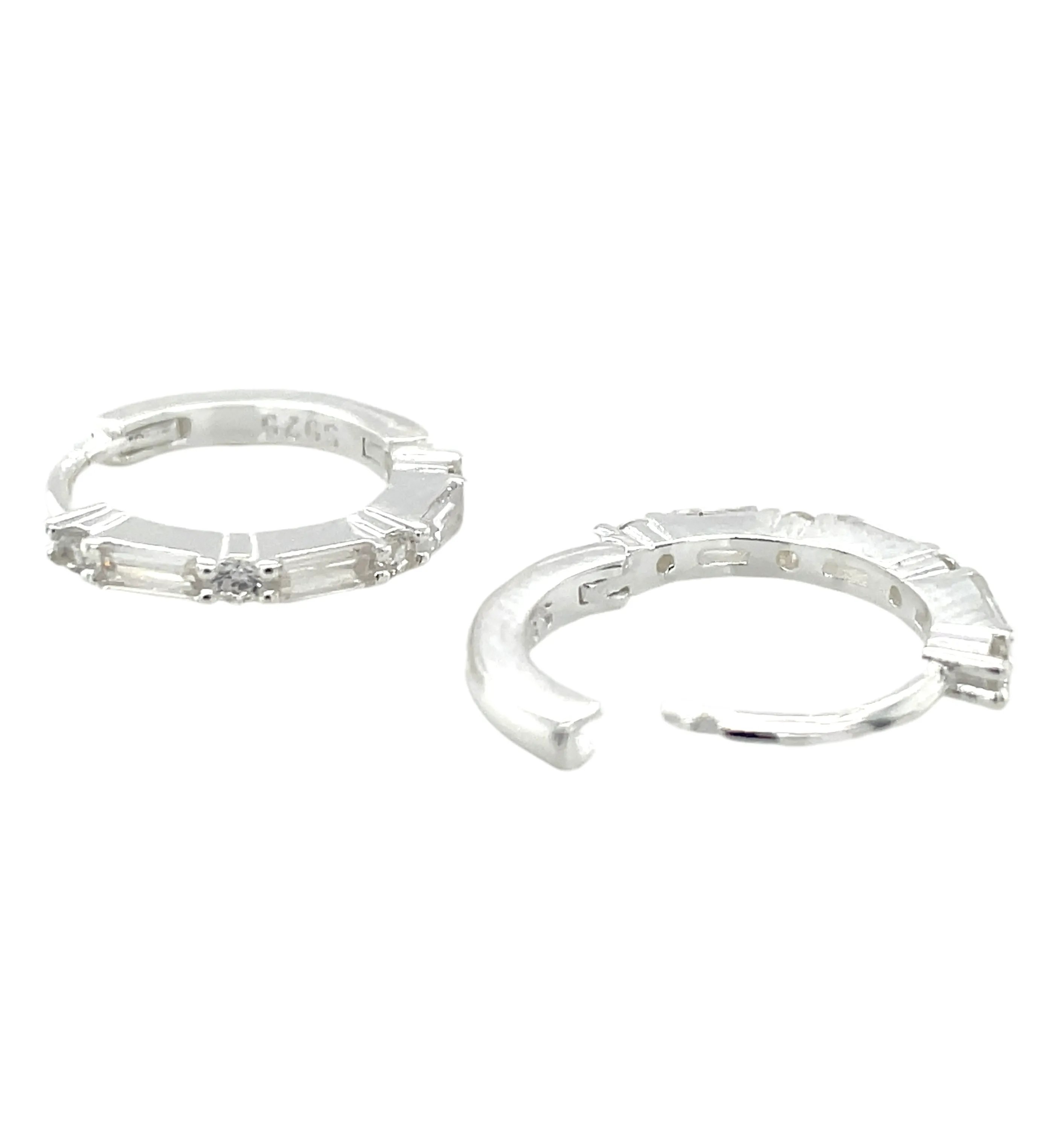 Sterling Silver Baguette And Round Cz Hoop Earrings