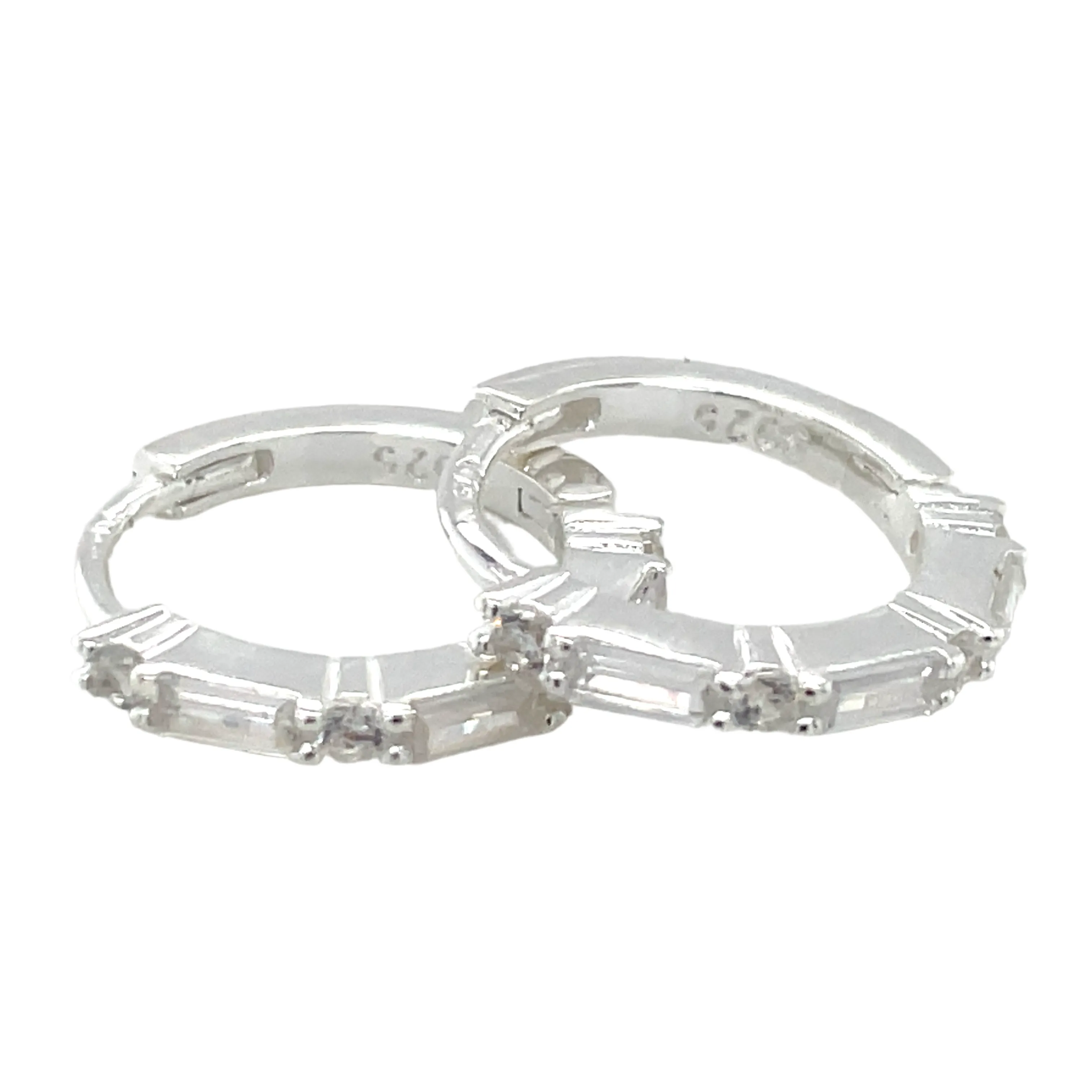 Sterling Silver Baguette And Round Cz Hoop Earrings