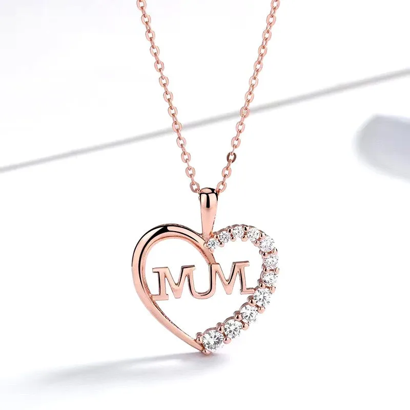 Sterling Silver Luxury Diamond Heart-Design MUM Necklace