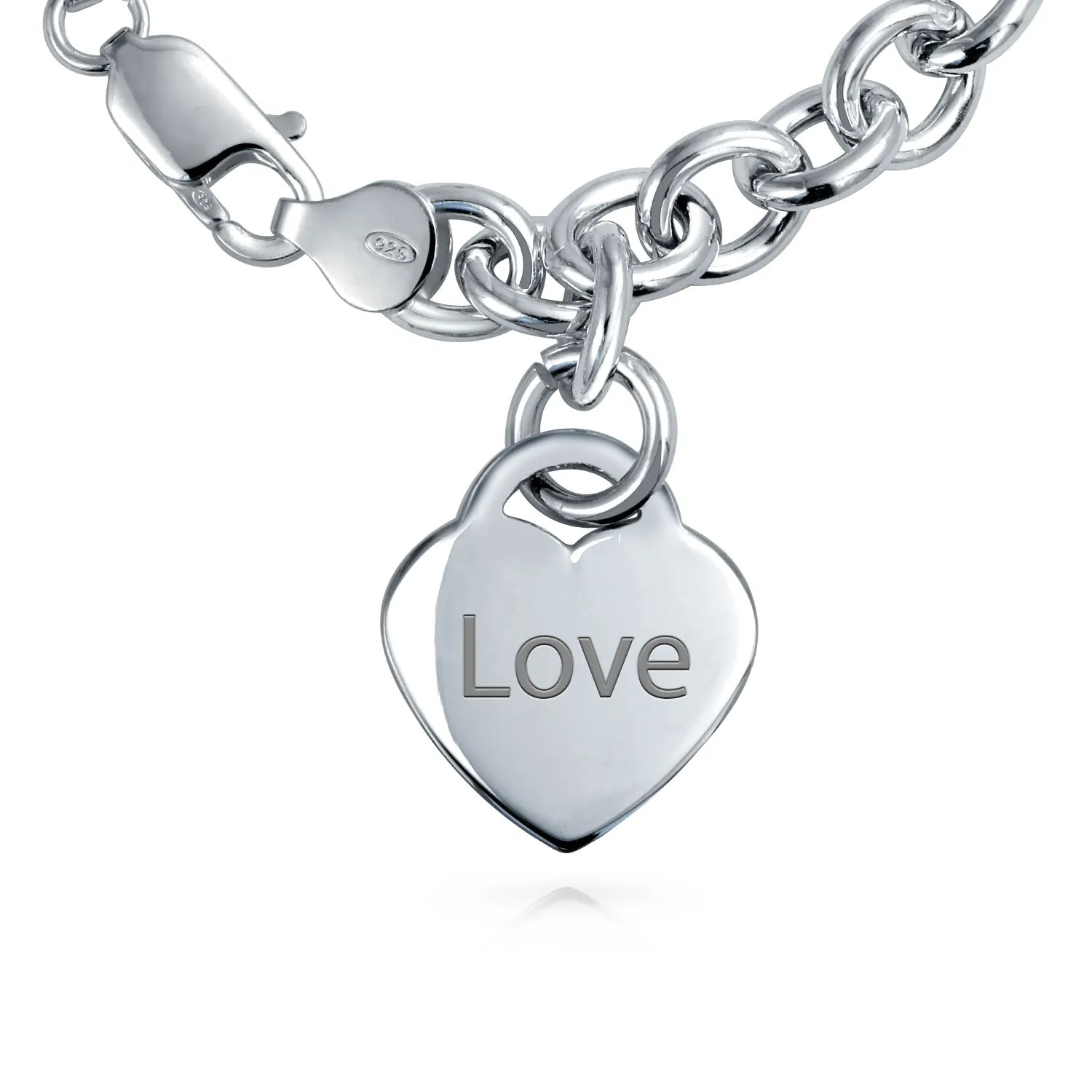 Substantial Solid Link Heart ID Bracelet Charm Sterling Silver Made in Italy