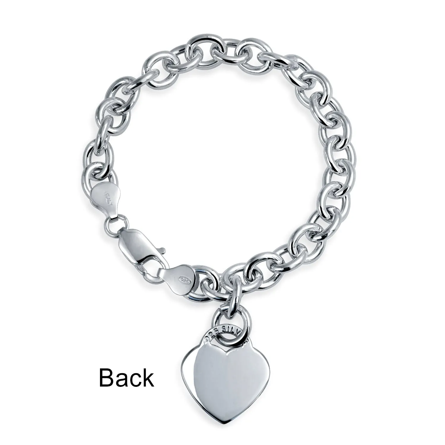 Substantial Solid Link Heart ID Bracelet Charm Sterling Silver Made in Italy