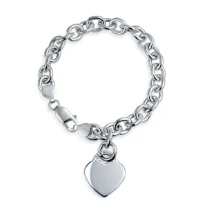 Substantial Solid Link Heart ID Bracelet Charm Sterling Silver Made in Italy