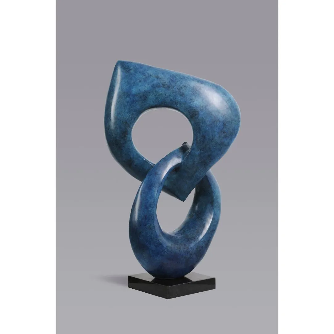 “Two Rings” Contemporary Italian Blue Patinated Bronze Abstract Sculpture