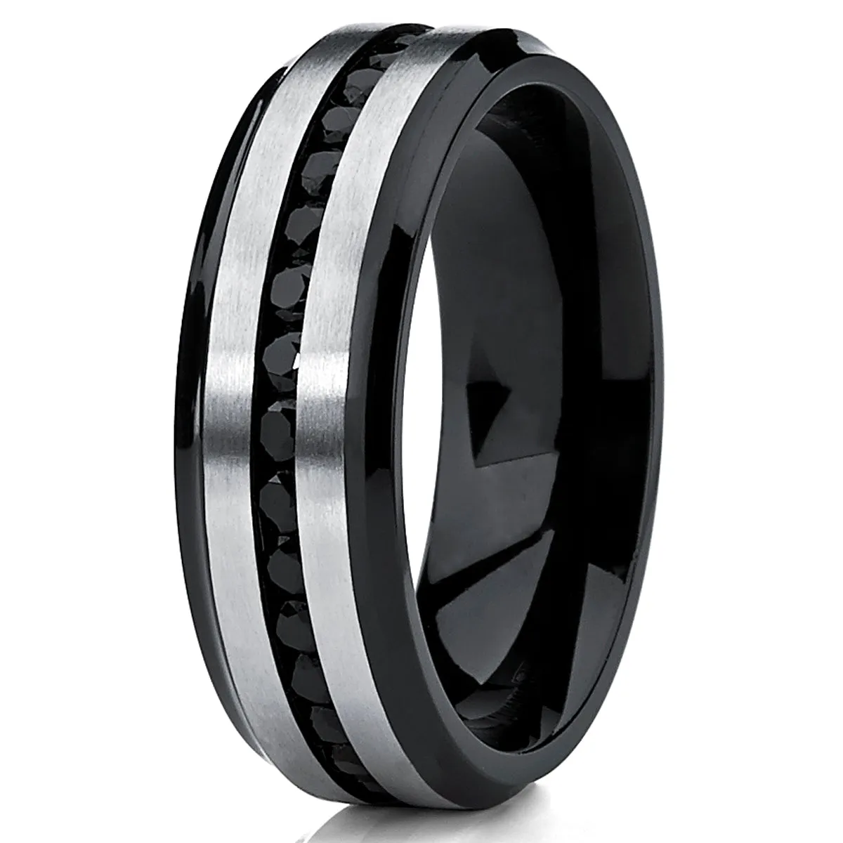 Two Tone Black Titanium Men's Eternity Engagement Wedding Band Ring W/ Black Cubic Zirconia 7mm