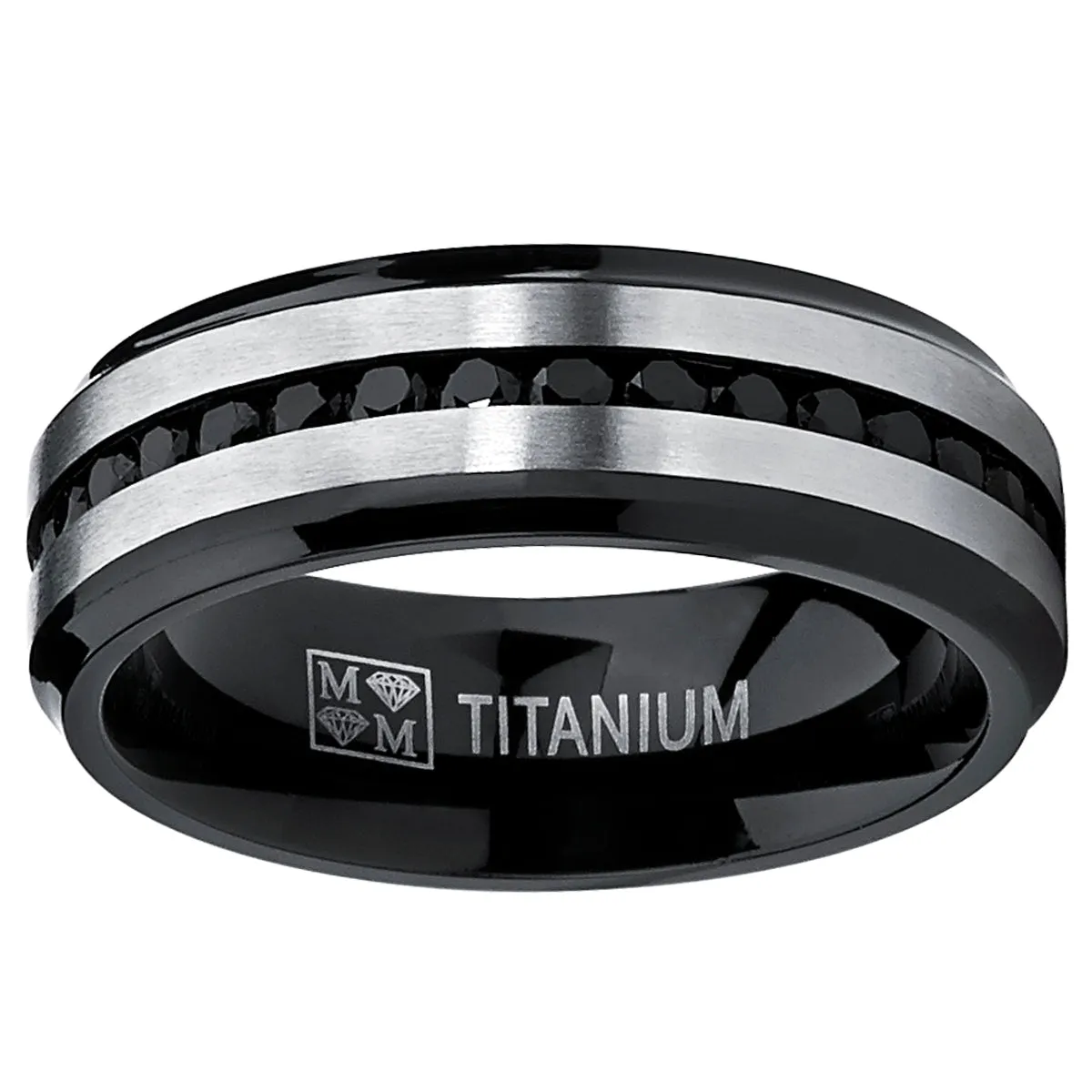 Two Tone Black Titanium Men's Eternity Engagement Wedding Band Ring W/ Black Cubic Zirconia 7mm