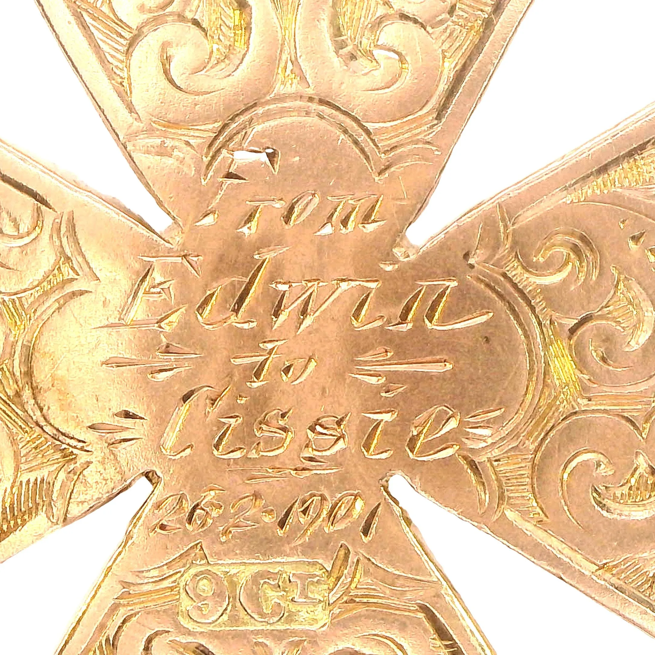 Unique Craftsmanship 9ct Yellow Gold Hand-Engraved Maltese Cross Pendant