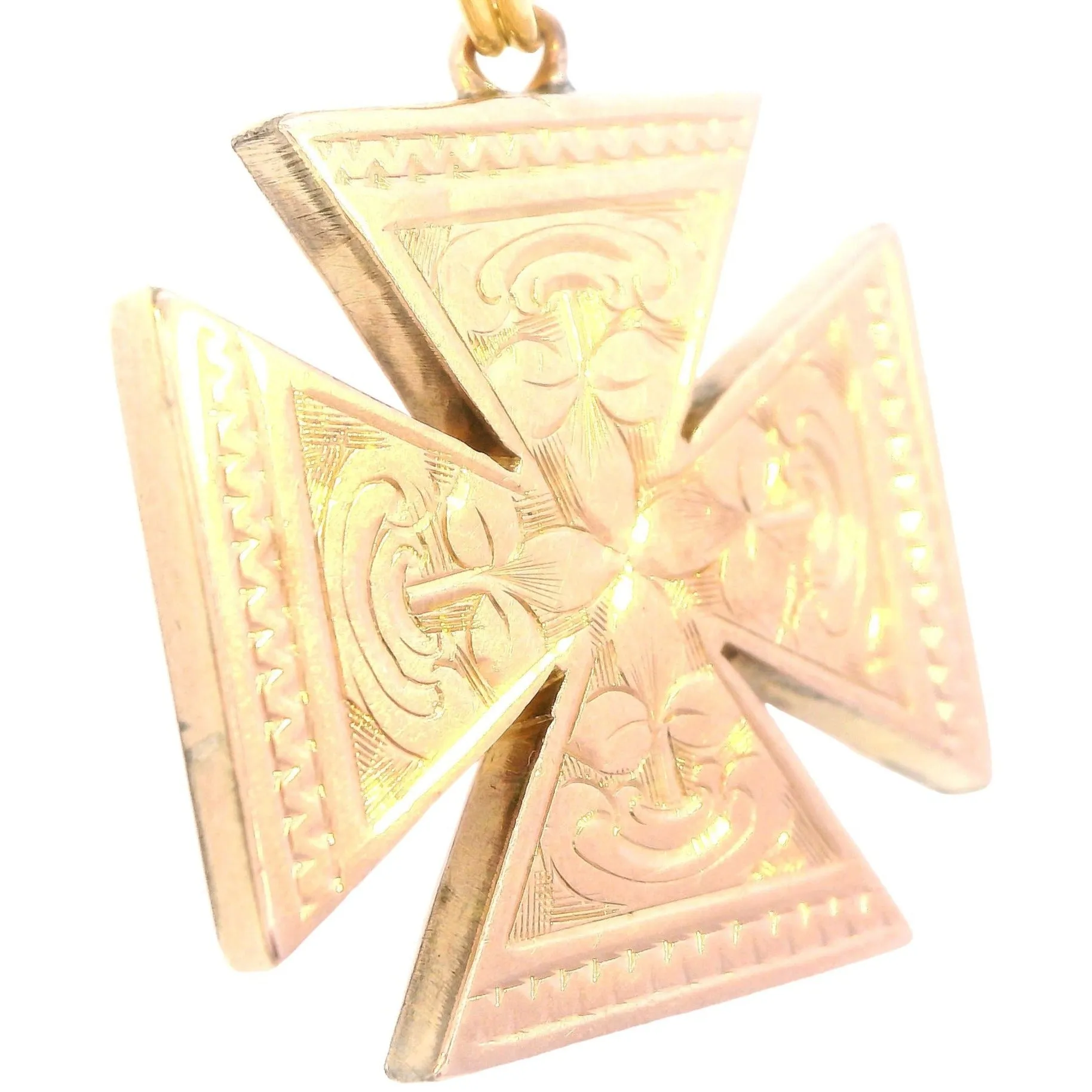 Unique Craftsmanship 9ct Yellow Gold Hand-Engraved Maltese Cross Pendant