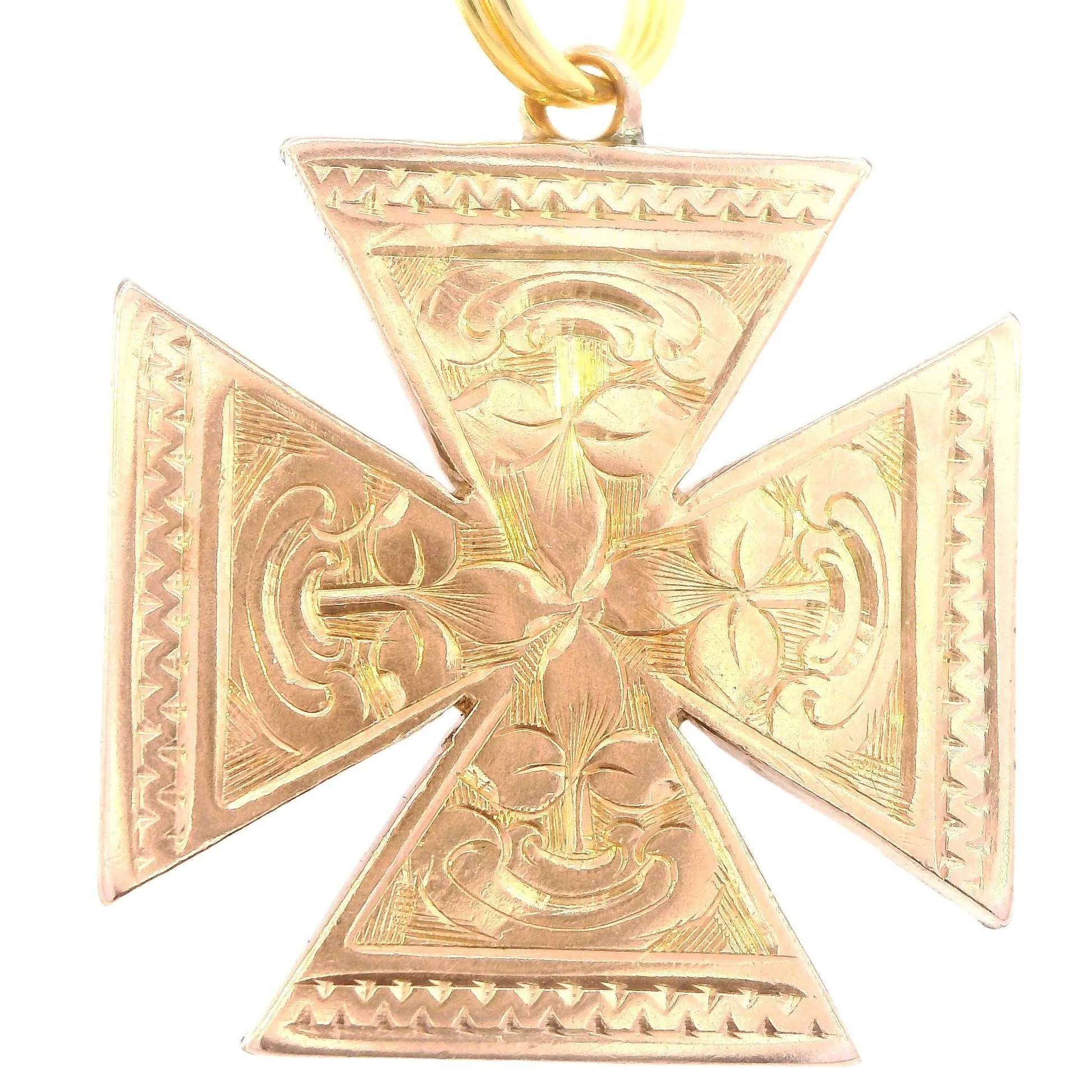 Unique Craftsmanship 9ct Yellow Gold Hand-Engraved Maltese Cross Pendant