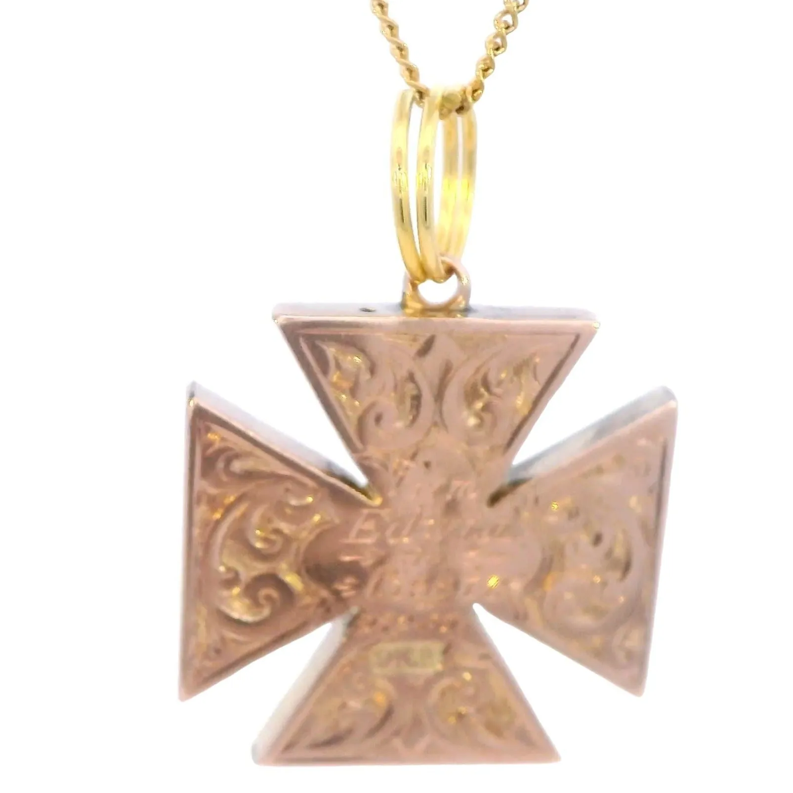 Unique Craftsmanship 9ct Yellow Gold Hand-Engraved Maltese Cross Pendant