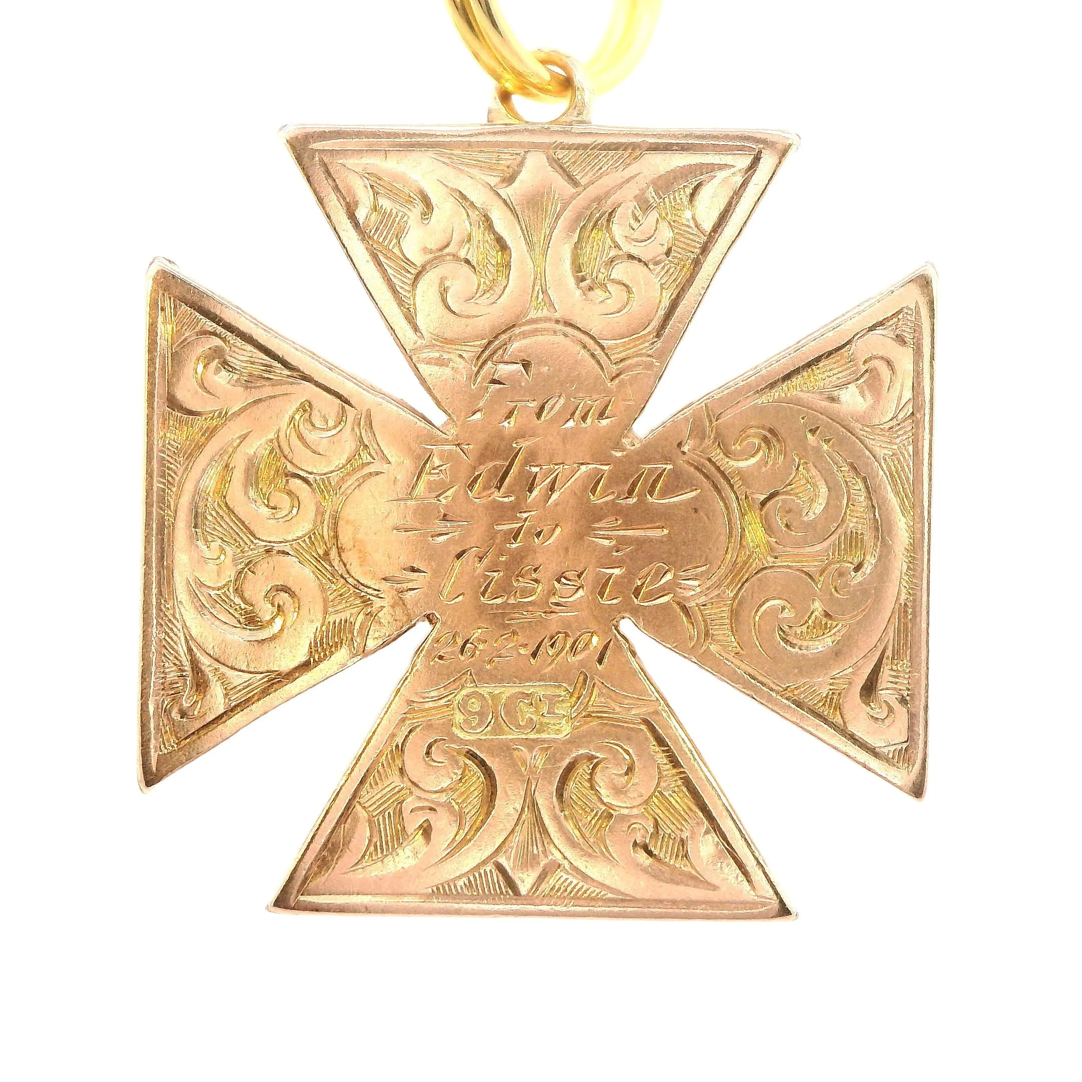 Unique Craftsmanship 9ct Yellow Gold Hand-Engraved Maltese Cross Pendant