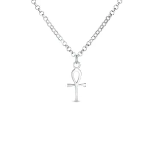 Unisex Mini Egyptian Ankh Cross Pendant Necklace in Polished Sterling Silver