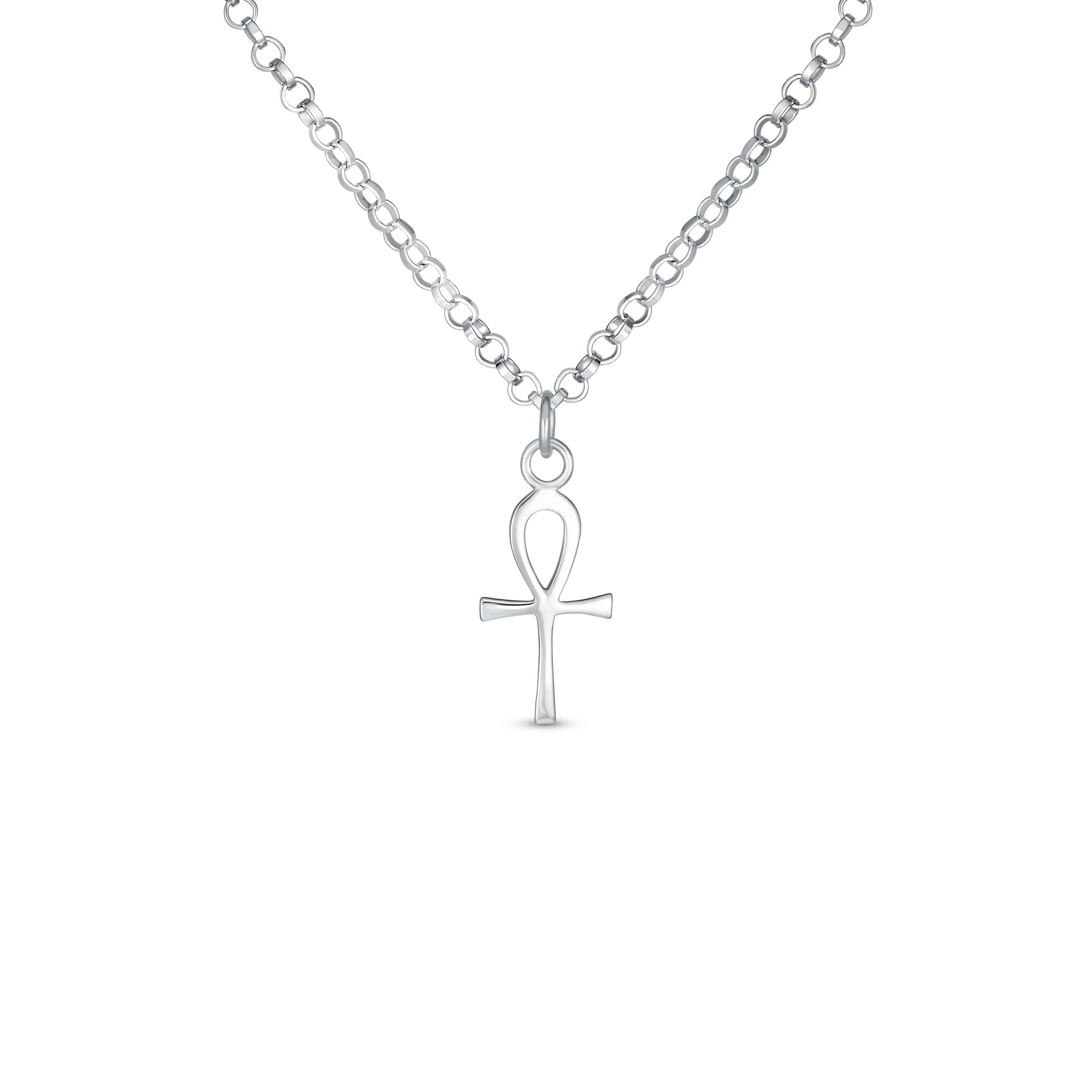 Unisex Mini Egyptian Ankh Cross Pendant Necklace in Polished Sterling Silver