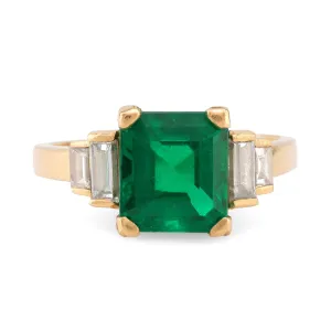 Vintage French GIA 3 Carat Emerald Diamond 18K Yellow Gold Ring